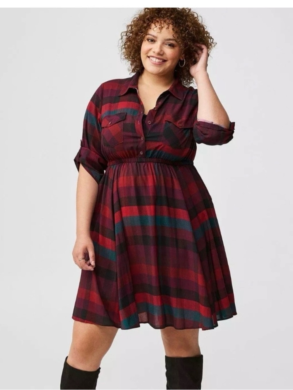 torrid Burgundy and Teal Plaid Shirt Midi Dress